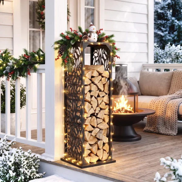 Aminhoutrek 38 X 38 X 112cm Verhoogd Brandhoutrek Met 4 Haken Decoratieve Uitsparingen Tot 100 Kg Staal