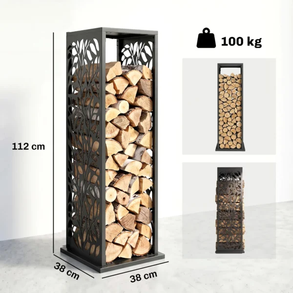 Aminhoutrek 38 X 38 X 112cm Verhoogd Brandhoutrek Met 4 Haken Decoratieve Uitsparingen Tot 100 Kg Staal