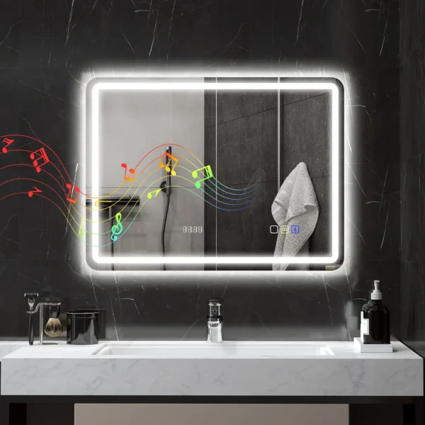 Badkamerspiegel Met LED verlichting, Anti condens Pad, 3 Verstelbare Kleuren, Klok, 600 X 800 Mm, Zilverkleurig