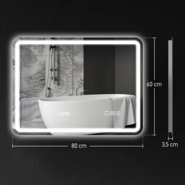 Badkamerspiegel Met LED verlichting, Anti condens Pad, 3 Verstelbare Kleuren, Klok, 600 X 800 Mm, Zilverkleurig