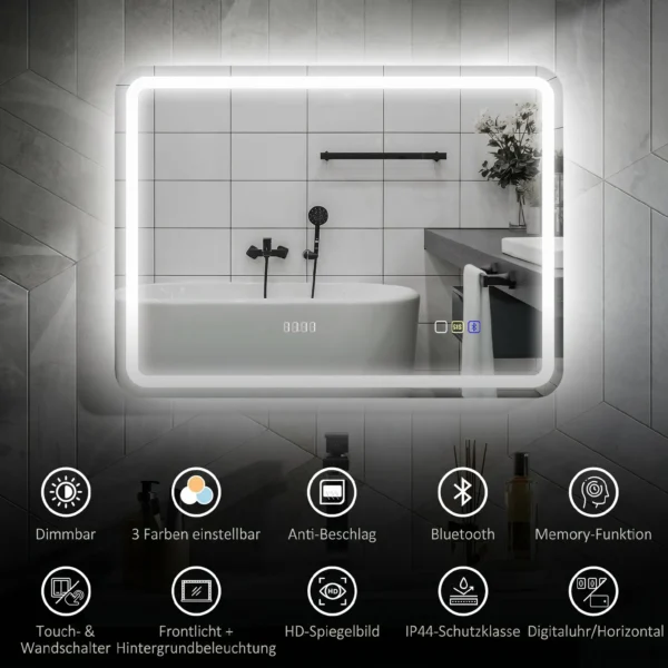 Badkamerspiegel Met LED verlichting, Anti condens Pad, 3 Verstelbare Kleuren, Klok, 600 X 800 Mm, Zilverkleurig