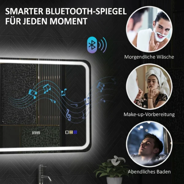 Badkamerspiegel Met LED verlichting, Anti condens Pad, 3 Verstelbare Kleuren, Klok, 600 X 800 Mm, Zilverkleurig