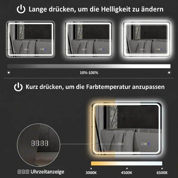 Badkamerspiegel Met LED verlichting, Anti condens Pad, 3 Verstelbare Kleuren, Klok, 600 X 800 Mm, Zilverkleurig