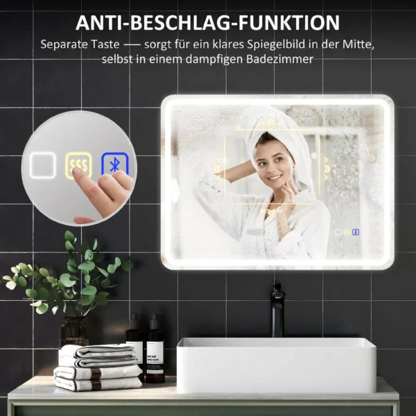 Badkamerspiegel Met LED verlichting, Anti condens Pad, 3 Verstelbare Kleuren, Klok, 600 X 800 Mm, Zilverkleurig