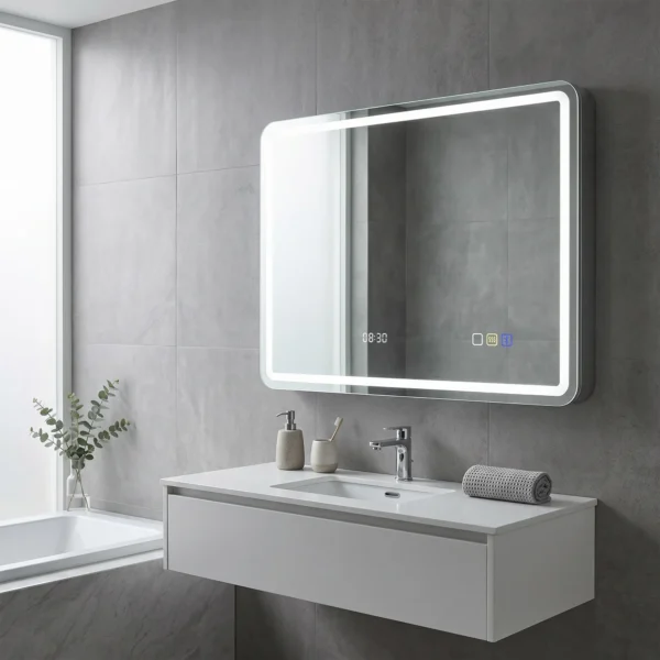 Badkamerspiegel Met LED verlichting, Anti condens Pad, 3 Verstelbare Kleuren, Klok, 600 X 800 Mm, Zilverkleurig