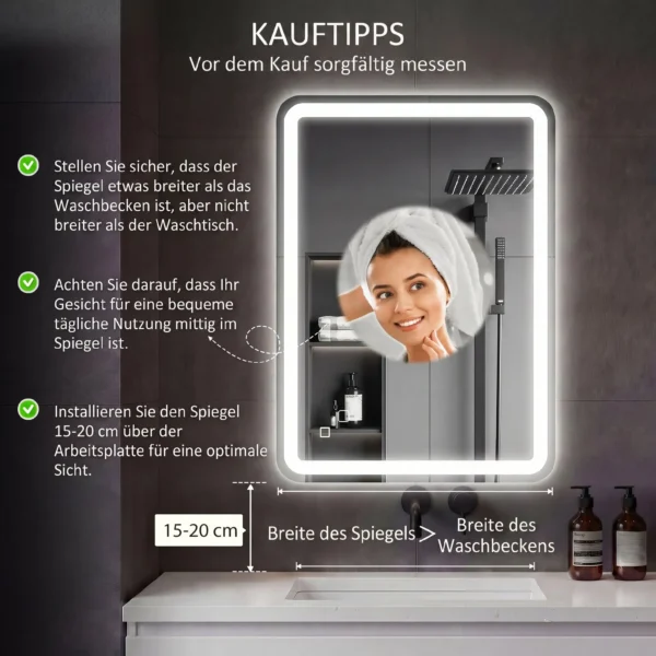 Badkamerspiegel, Verlicht, Touch bediening, Condensvrij, Dimbaar, 3 Lichtkleuren, 70 X 100, Zilver