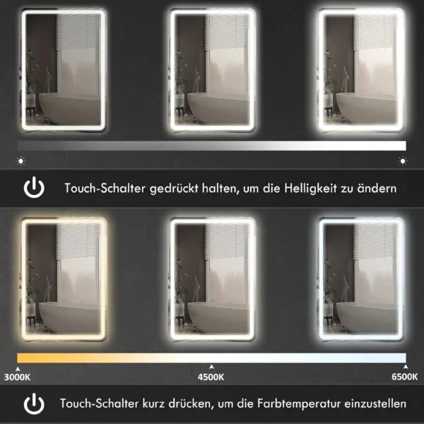 Badkamerspiegel, Verlicht, Touch bediening, Condensvrij, Dimbaar, 3 Lichtkleuren, 70 X 100, Zilver