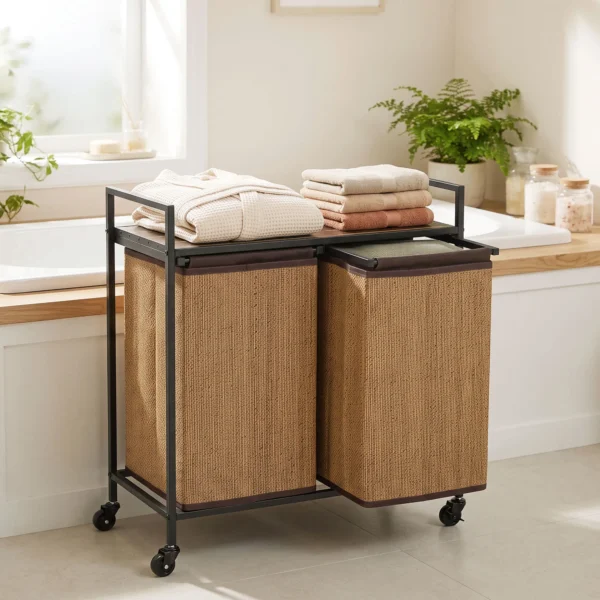 Bamboe Wasmand 2 Vakken 120 L Wasverzamelaar Met Plank Opslag, Wasbox Waszak, Rolbaar 73x33x78 Cm, Bruin