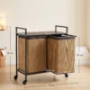 Bamboe Wasmand 2 Vakken 120 L Wasverzamelaar Met Plank Opslag, Wasbox Waszak, Rolbaar 73x33x78 Cm, Bruin