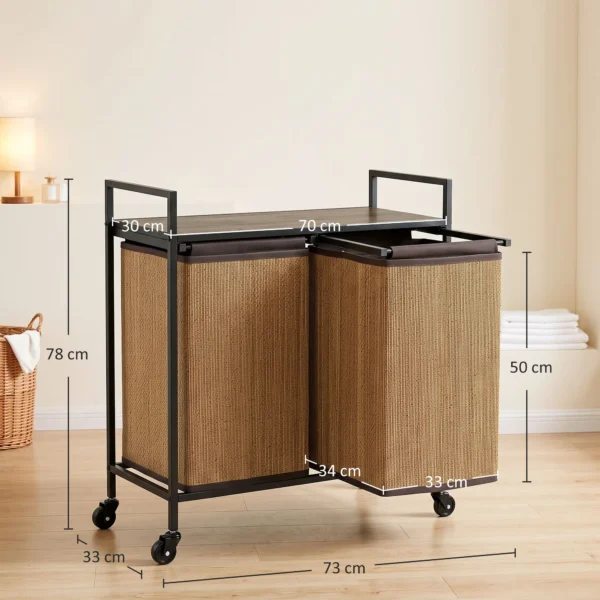 Bamboe Wasmand 2 Vakken 120 L Wasverzamelaar Met Plank Opslag, Wasbox Waszak, Rolbaar 73x33x78 Cm, Bruin