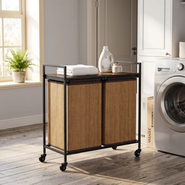 Bamboe Wasmand 2 Vakken 120 L Wasverzamelaar Met Plank Opslag, Wasbox Waszak, Rolbaar 73x33x78 Cm, Bruin