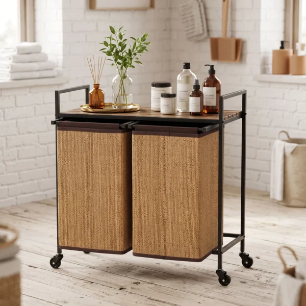 Bamboe Wasmand 2 Vakken 120 L Wasverzamelaar Met Plank Opslag, Wasbox Waszak, Rolbaar 73x33x78 Cm, Bruin