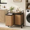 Bamboe Wasmand 2 Vakken 120 L Wasverzamelaar Met Plank Opslag, Wasbox Waszak, Rolbaar 73x33x78 Cm, Bruin