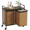 Bamboe Wasmand 2 Vakken 120 L Wasverzamelaar Met Plank Opslag, Wasbox Waszak, Rolbaar 73x33x78 Cm, Bruin