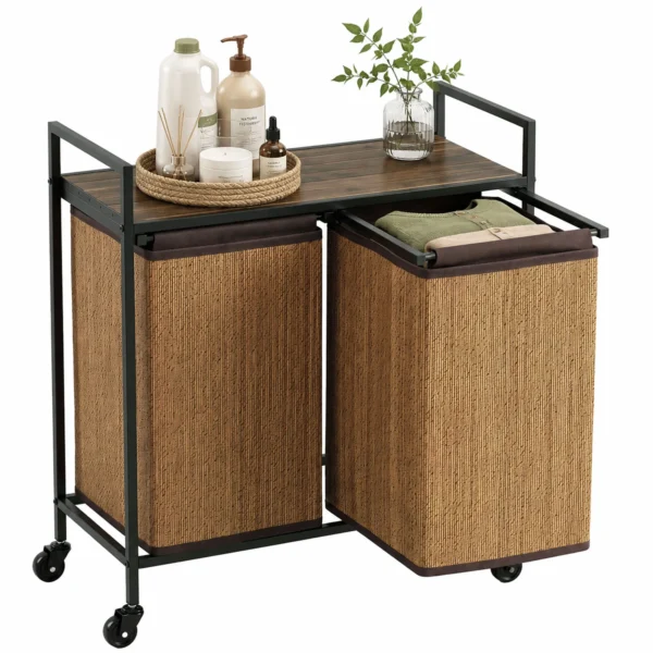 Bamboe Wasmand 2 Vakken 120 L Wasverzamelaar Met Plank Opslag, Wasbox Waszak, Rolbaar 73x33x78 Cm, Bruin