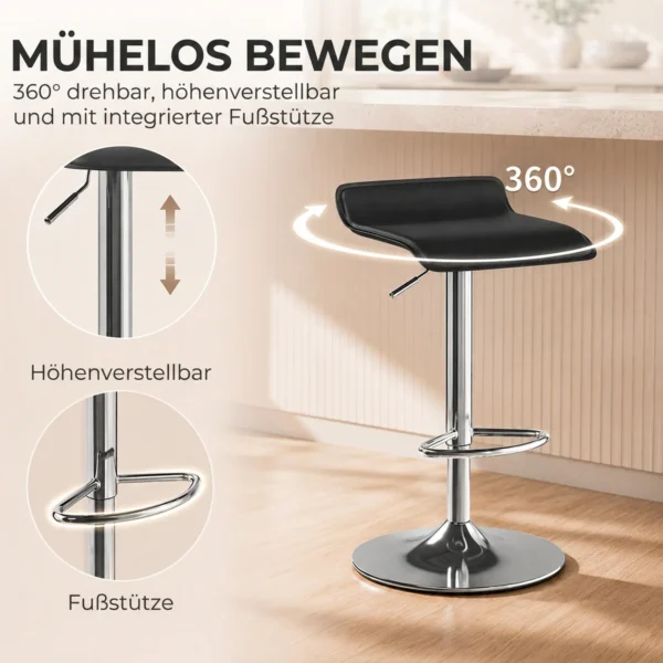 Barkruk 360° Draaibaar Met Zilver Stalen Frame, In Hoogte Verstelbare Keukenstoel Met Voetensteun, Zwart