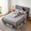 Bedframe 140 X 200 Cm Met Verstelbaar Hoofdeinde, Gestoffeerd Bed In Linnenlook Met 12 Latten