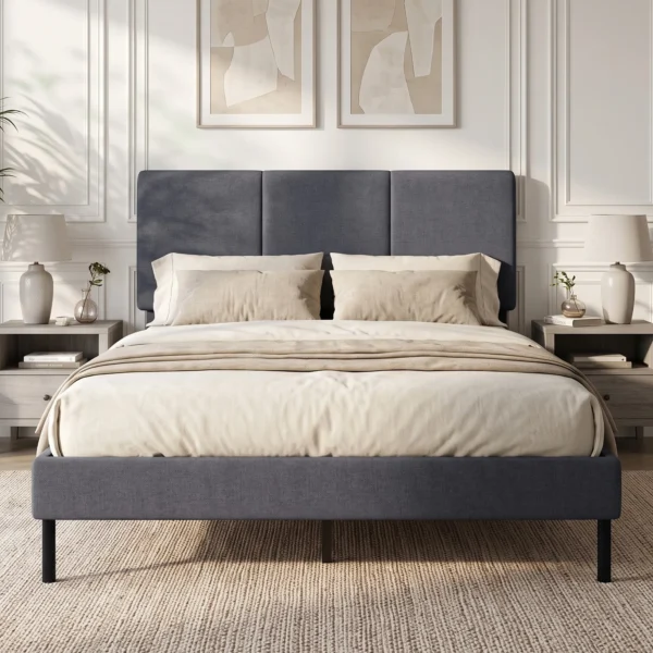 Bedframe 140 X 200 Cm Met Verstelbaar Hoofdeinde, Gestoffeerd Bed In Linnenlook Met 12 Latten