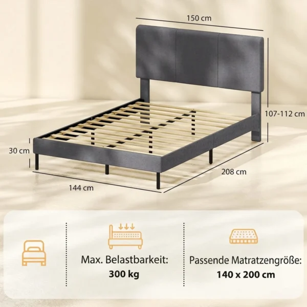 Bedframe 140 X 200 Cm Met Verstelbaar Hoofdeinde, Gestoffeerd Bed In Linnenlook Met 12 Latten