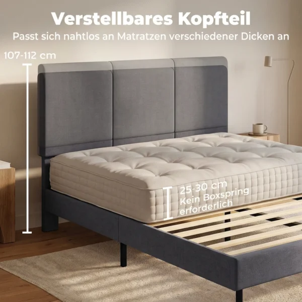 Bedframe 140 X 200 Cm Met Verstelbaar Hoofdeinde, Gestoffeerd Bed In Linnenlook Met 12 Latten