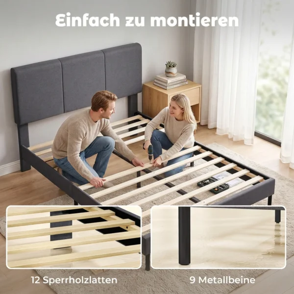 Bedframe 140 X 200 Cm Met Verstelbaar Hoofdeinde, Gestoffeerd Bed In Linnenlook Met 12 Latten
