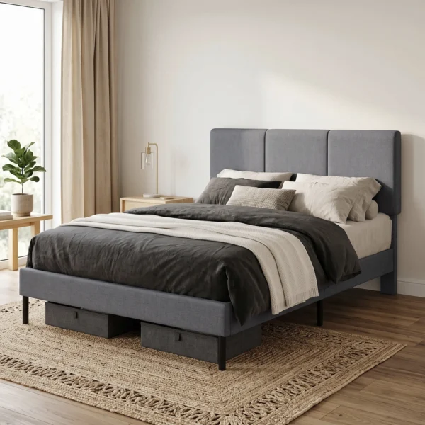 Bedframe 140 X 200 Cm Met Verstelbaar Hoofdeinde, Gestoffeerd Bed In Linnenlook Met 12 Latten