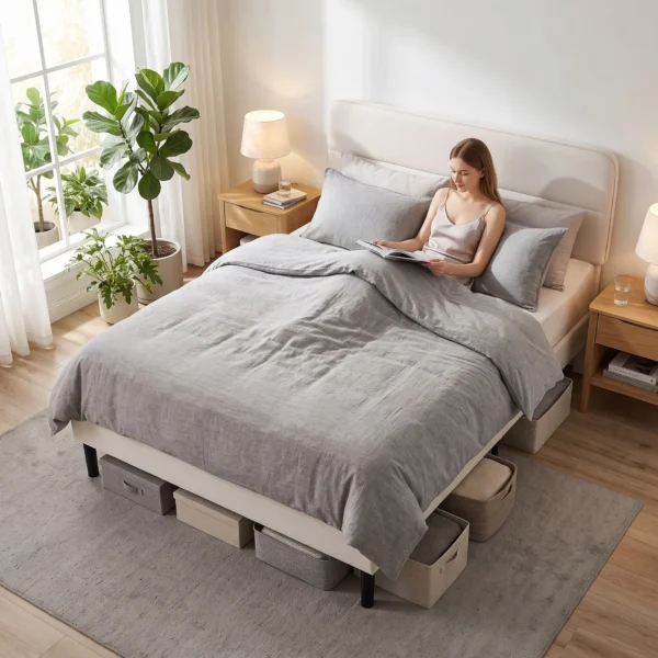 Bedframe 140 X 200 Cm Met Verstelbaar Hoofdeinde, Gestoffeerd Bed In Linnenlook Met 12 Multiplex Latten, Beige