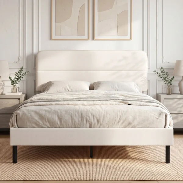 Bedframe 140 X 200 Cm Met Verstelbaar Hoofdeinde, Gestoffeerd Bed In Linnenlook Met 12 Multiplex Latten, Beige