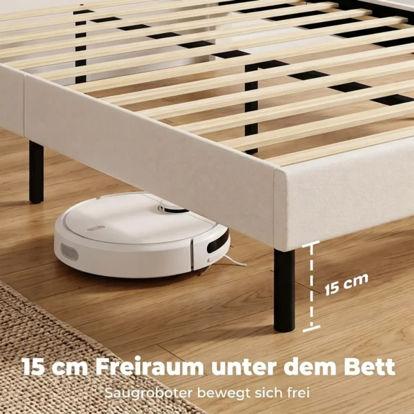 Bedframe 140 X 200 Cm Met Verstelbaar Hoofdeinde, Gestoffeerd Bed In Linnenlook Met 12 Multiplex Latten, Beige