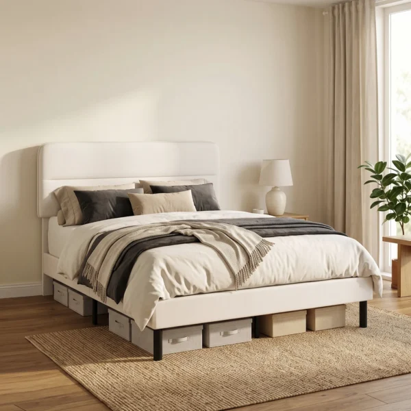 Bedframe 140 X 200 Cm Met Verstelbaar Hoofdeinde, Gestoffeerd Bed In Linnenlook Met 12 Multiplex Latten, Beige