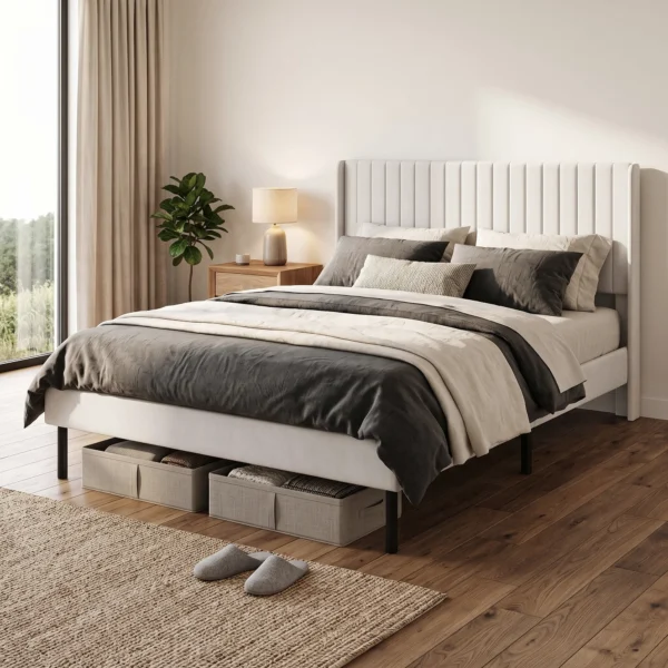 Bedframe 140 X 200 Cm Met Verstelbaar Hoofdeinde, Gestoffeerd Bed Met 12 Latten, Beige