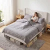 Bedframe 140 X 200 Cm Met Verstelbaar Hoofdeinde, Gestoffeerd Bed Met 12 Latten, Beige
