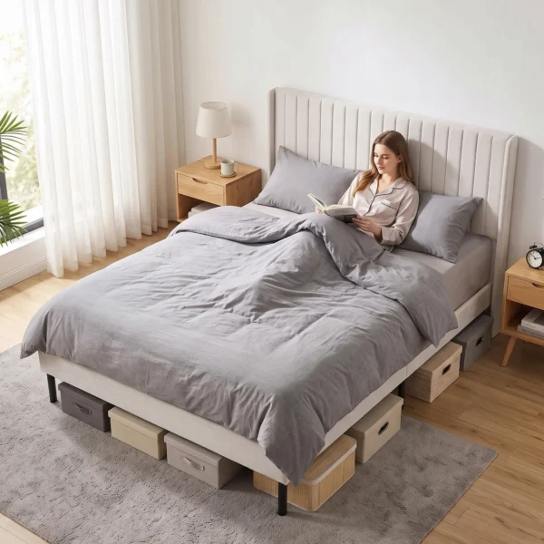 Bedframe 140 X 200 Cm Met Verstelbaar Hoofdeinde, Gestoffeerd Bed Met 12 Latten, Beige