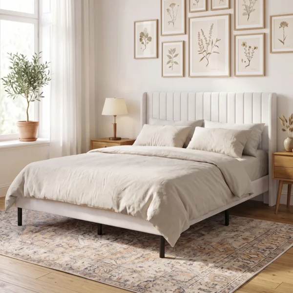 Bedframe 140 X 200 Cm Met Verstelbaar Hoofdeinde, Gestoffeerd Bed Met 12 Latten, Beige