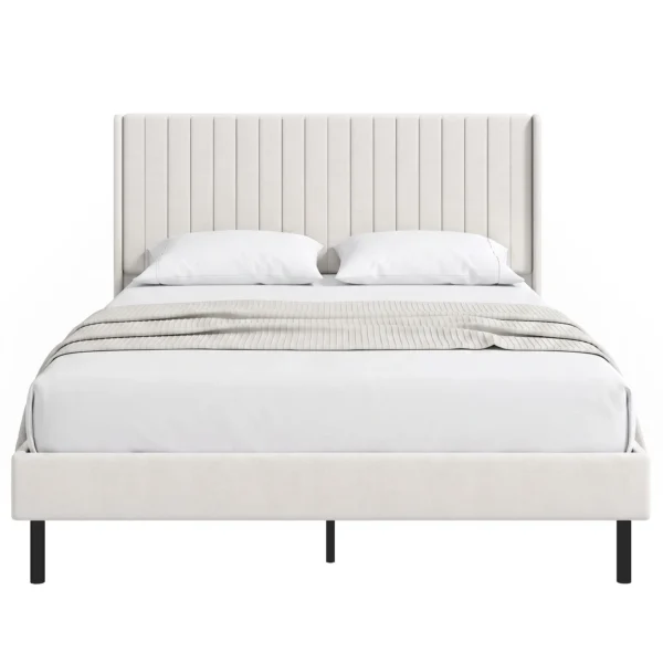 Bedframe 140 X 200 Cm Met Verstelbaar Hoofdeinde, Gestoffeerd Bed Met 12 Latten, Beige