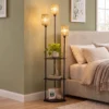 Boho Staande Lamp Met 3 Vlammen En 3 Planken, Papierkoord Lampenkap Zwart
