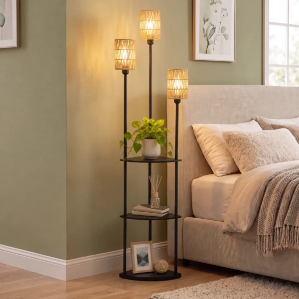 Boho Staande Lamp Met 3 Vlammen En 3 Planken, Papierkoord Lampenkap Zwart