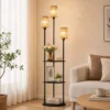 Boho Staande Lamp Met 3 Vlammen En 3 Planken, Papierkoord Lampenkap Zwart