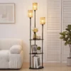 Boho Staande Lamp Met 3 Vlammen En 3 Planken, Papierkoord Lampenkap Zwart