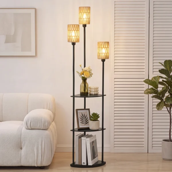 Boho Staande Lamp Met 3 Vlammen En 3 Planken, Papierkoord Lampenkap Zwart