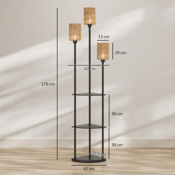 Boho Staande Lamp Met 3 Vlammen En 3 Planken, Papierkoord Lampenkap Zwart