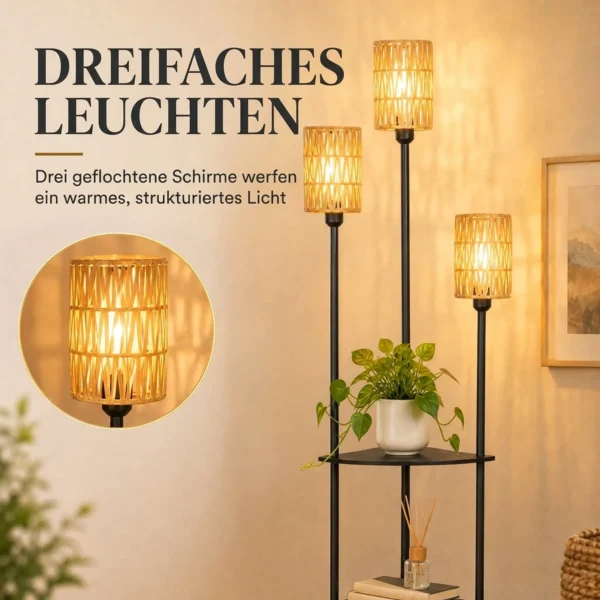Boho Staande Lamp Met 3 Vlammen En 3 Planken, Papierkoord Lampenkap Zwart