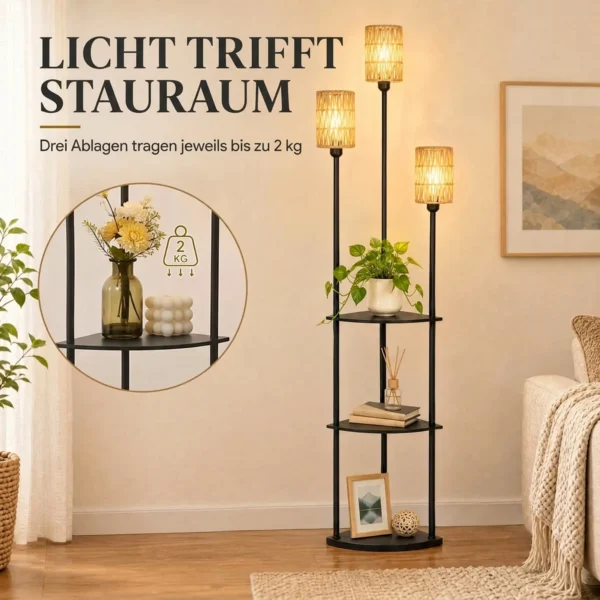 Boho Staande Lamp Met 3 Vlammen En 3 Planken, Papierkoord Lampenkap Zwart