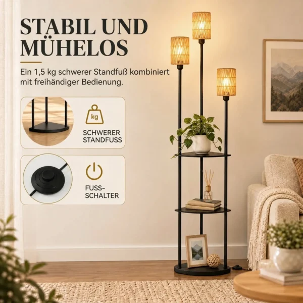 Boho Staande Lamp Met 3 Vlammen En 3 Planken, Papierkoord Lampenkap Zwart