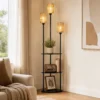 Boho Staande Lamp Met 3 Vlammen En 3 Planken, Papierkoord Lampenkap Zwart
