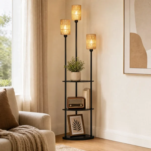 Boho Staande Lamp Met 3 Vlammen En 3 Planken, Papierkoord Lampenkap Zwart