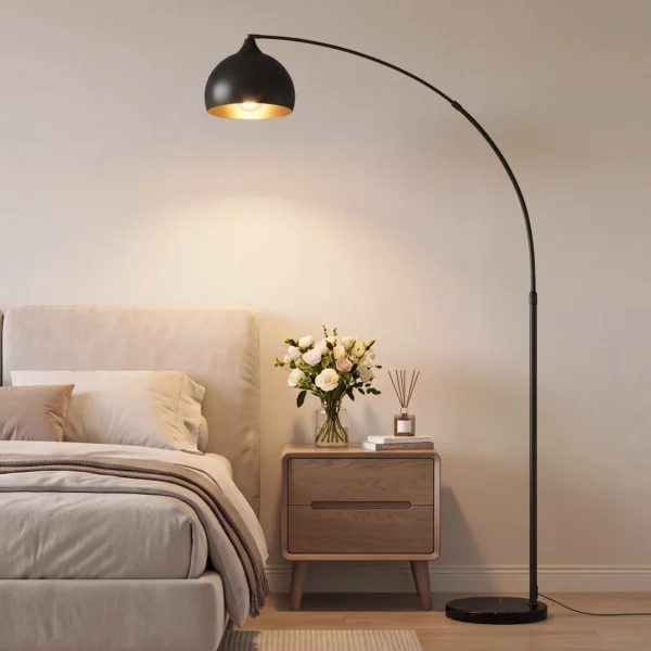Booglamp, Staande Lamp, In Hoogte Verstelbaar, Voetschakelaar, Voet In Marmerlook, 170 180cm, Zwart