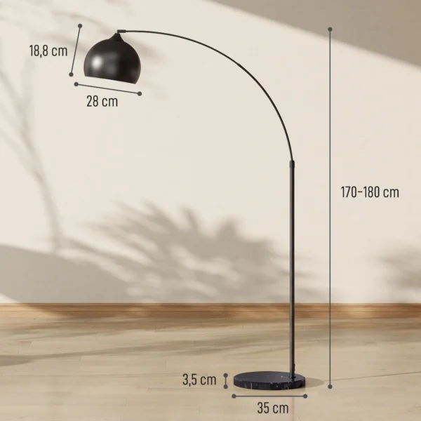 Booglamp, Staande Lamp, In Hoogte Verstelbaar, Voetschakelaar, Voet In Marmerlook, 170 180cm, Zwart