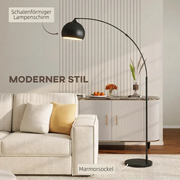 Booglamp, Staande Lamp, In Hoogte Verstelbaar, Voetschakelaar, Voet In Marmerlook, 170 180cm, Zwart