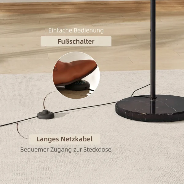 Booglamp, Staande Lamp, In Hoogte Verstelbaar, Voetschakelaar, Voet In Marmerlook, 170 180cm, Zwart